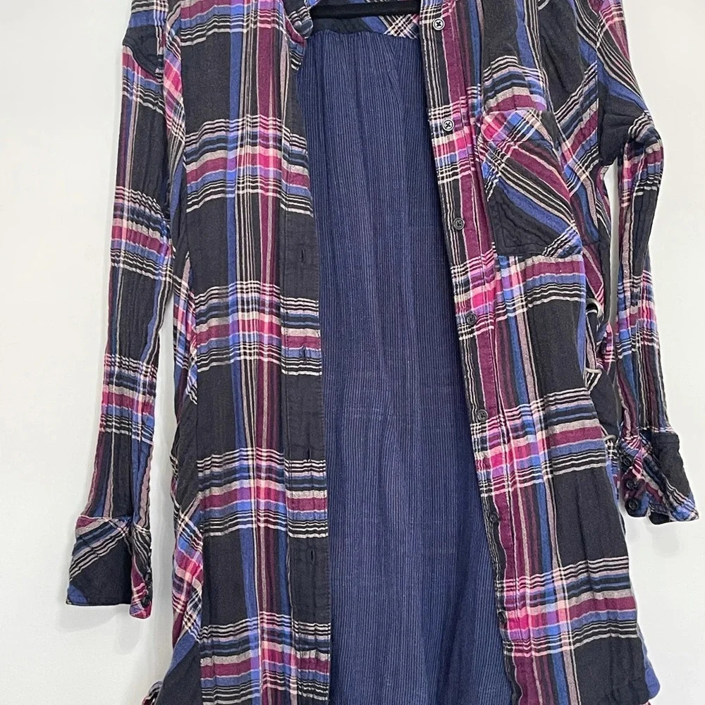 FREE PEOPLE Nordic Day Top Plaid Buttondown Oversized Purple Blue Shirt XS - Picture 5 of 16